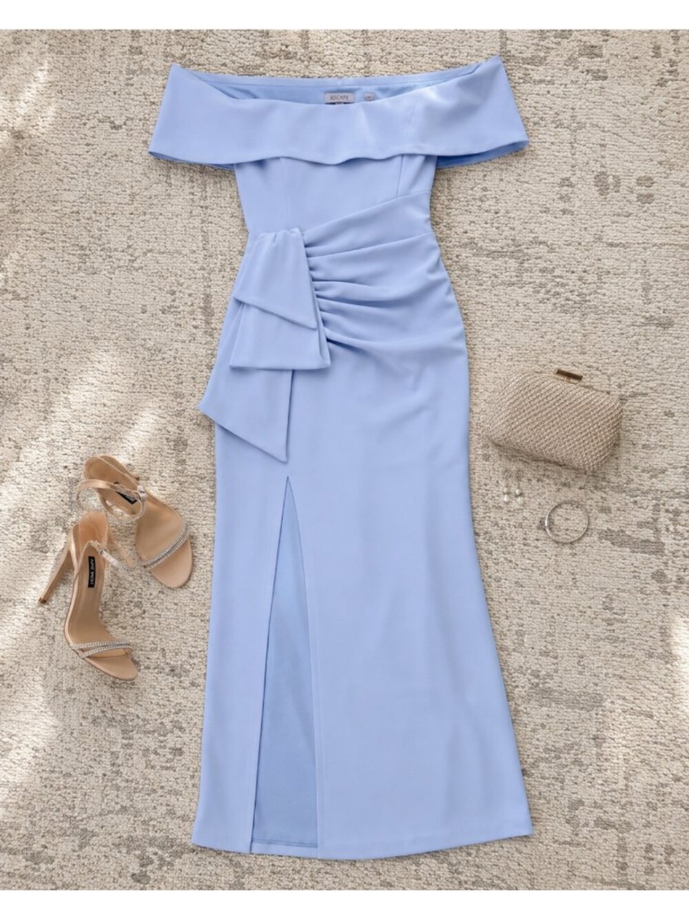 Xscape Light Periwinkle Blue Lavender Off-Shoulder Ruffle Sheath Dress